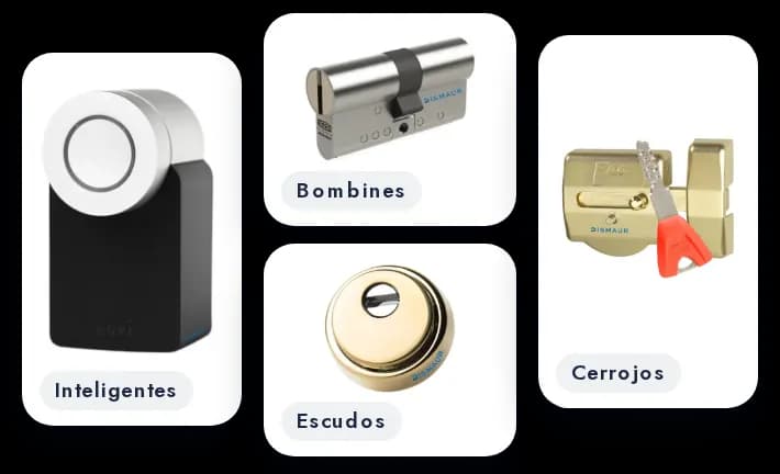 Selección de productos: bombines, escudos, cerrojos, cerraduras inteligentes y mirillas digitales